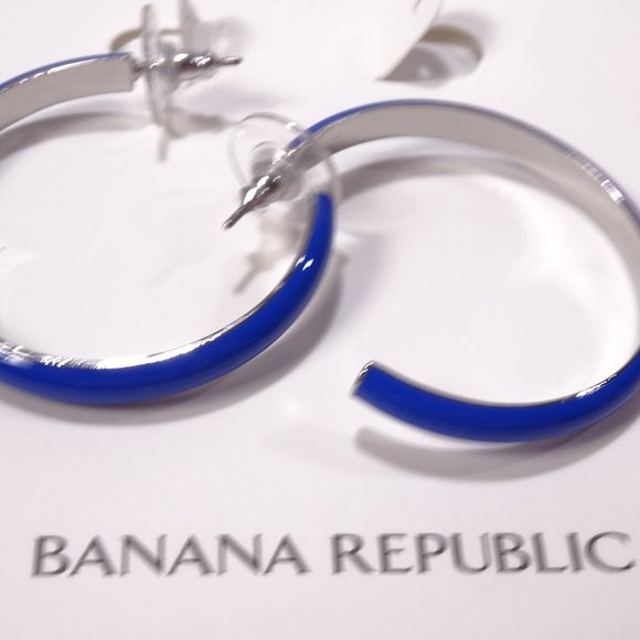 Banana republic  NAVY BLUE Enamel SILVER Hoop Earrings NWT 38 - Picture 8 of 9